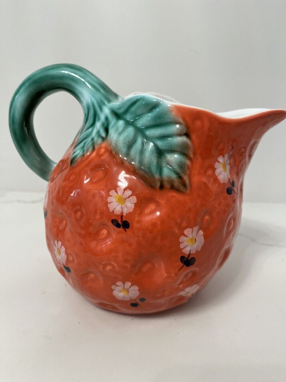 Pitcher Italy Hand-Painted Glazed Ceramic Coral/Green Leaves Cottage Coastal